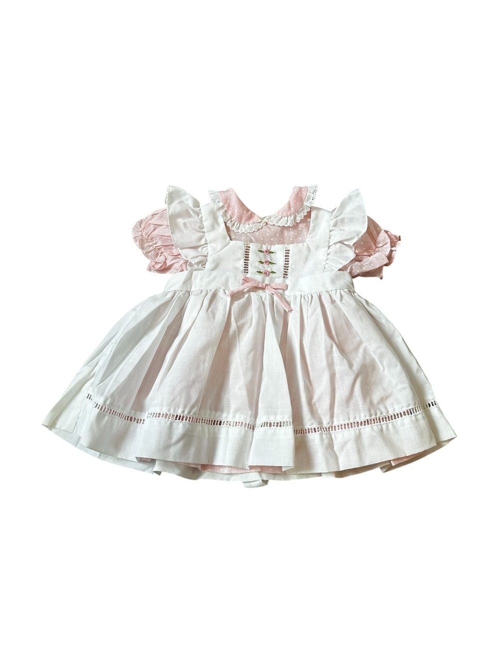 Vintage Girls Pink White Pinafore Dress Embroidered Collar Cottagecote Prairie